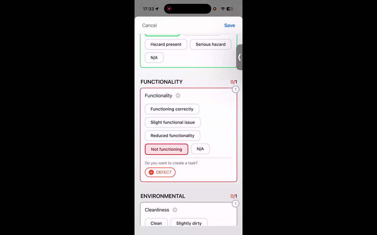A checklist item marked as Not functioning with a Defect button appearing below it