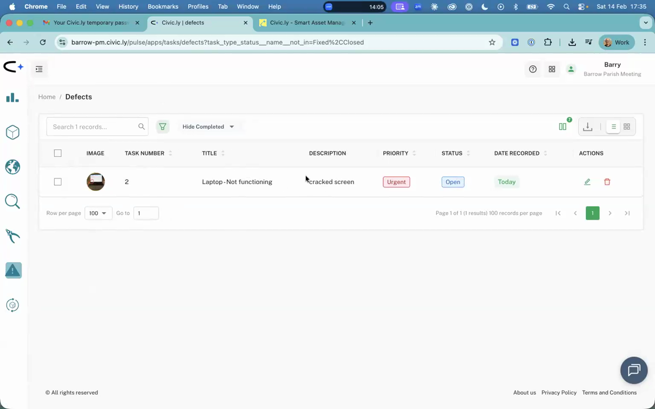 The Defects list in the web app showing one defect with Urgent priority and Open status