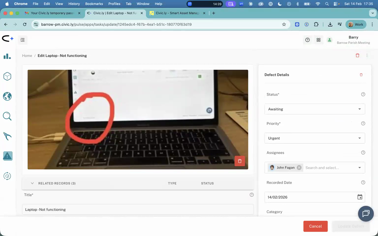 The full defect record in the web app showing the annotated photo with a red circle and related records