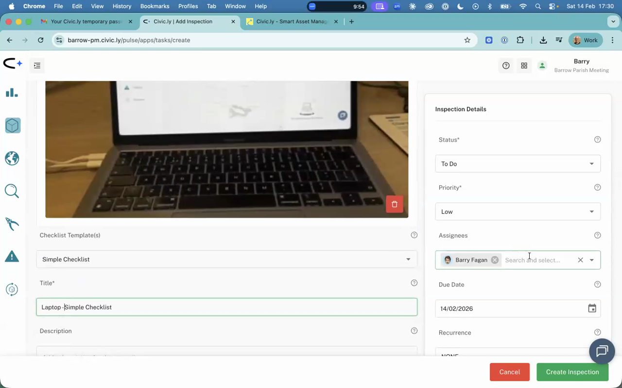 The Create Inspection form with Simple Checklist selected and an assignee chosen