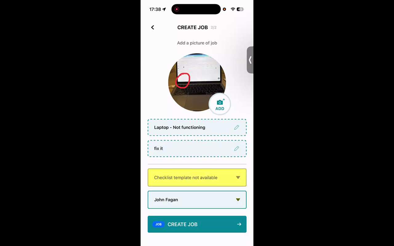 The Create Job form on the mobile app with description and assignee fields