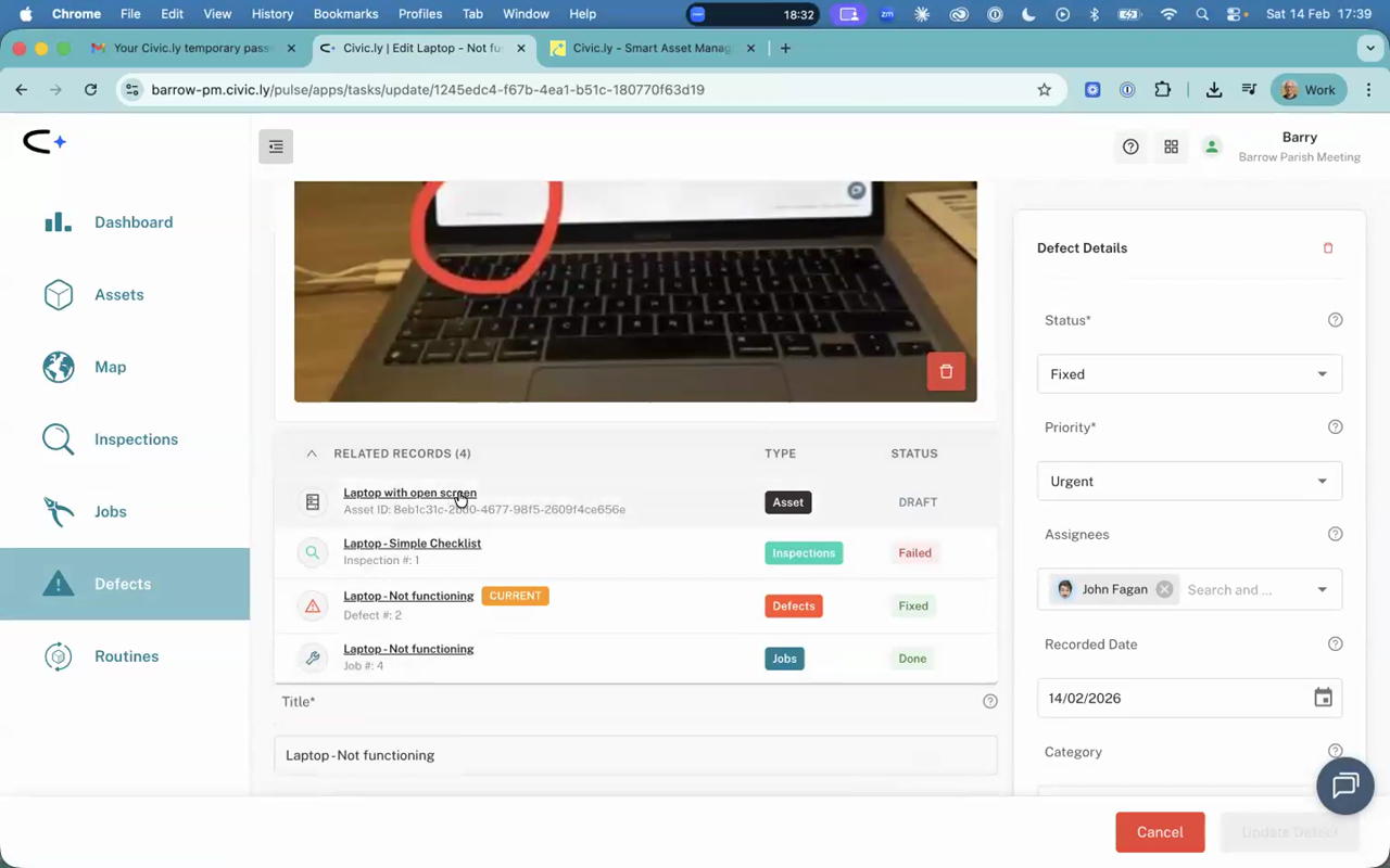 The defect record in the web app showing related records linking the asset, inspection, defect, and job
