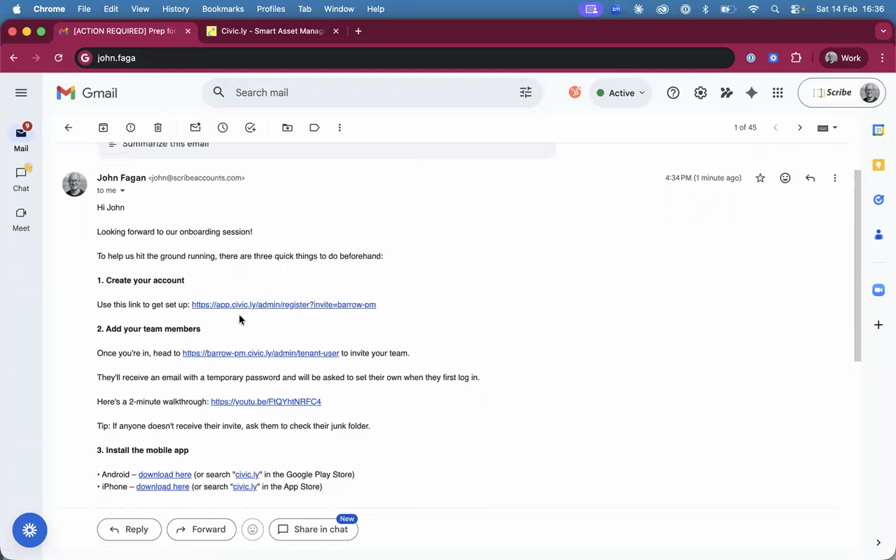 The Civic.ly invite email in Gmail with a link to create your account