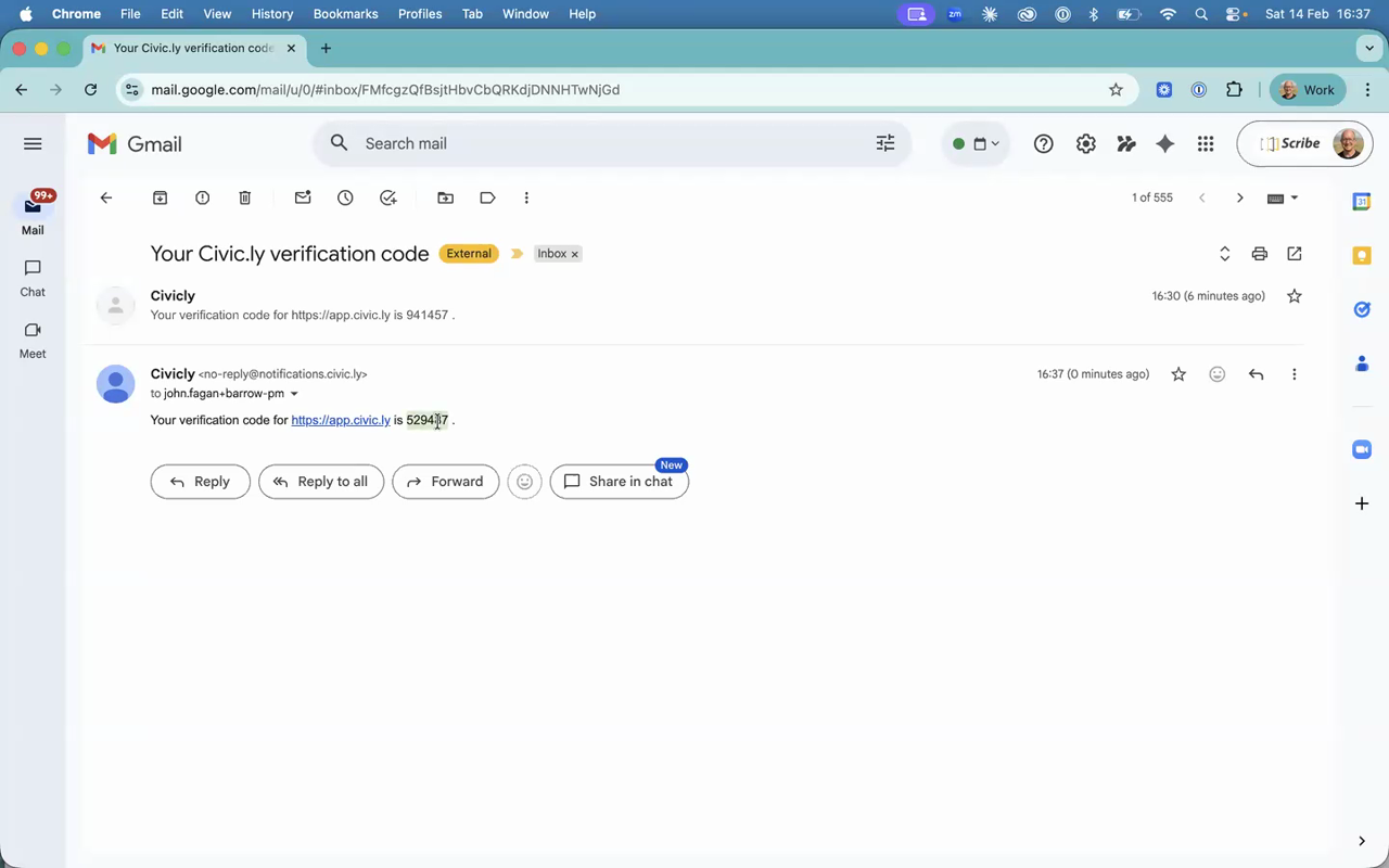 A verification code email from Civic.ly in Gmail