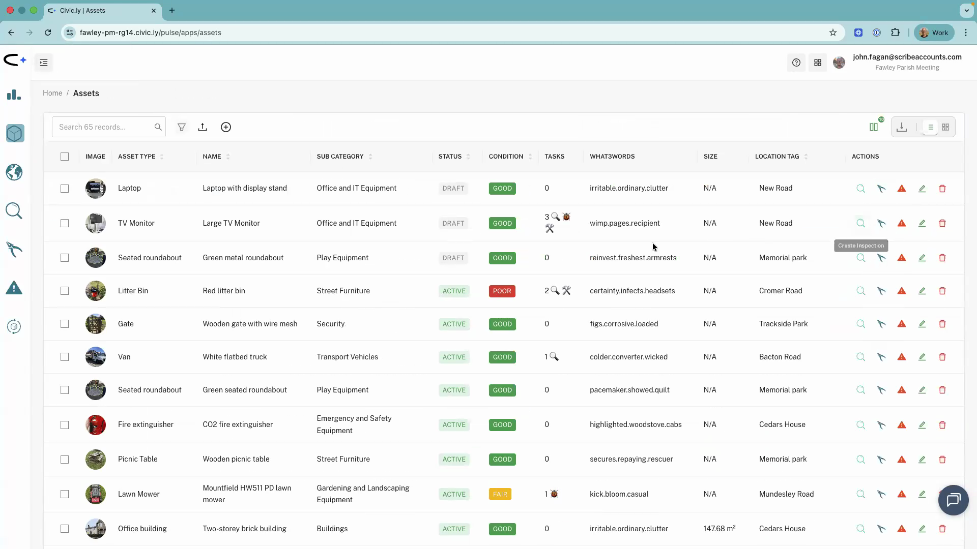 The asset list in the web app showing action buttons for Create Inspection, Create Job, and Create Defect