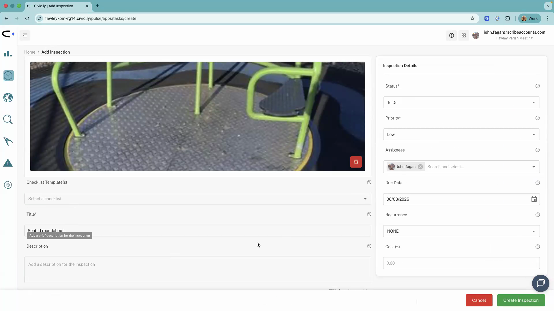 The Create Inspection form showing status, priority, assignee, due date, and schedule fields