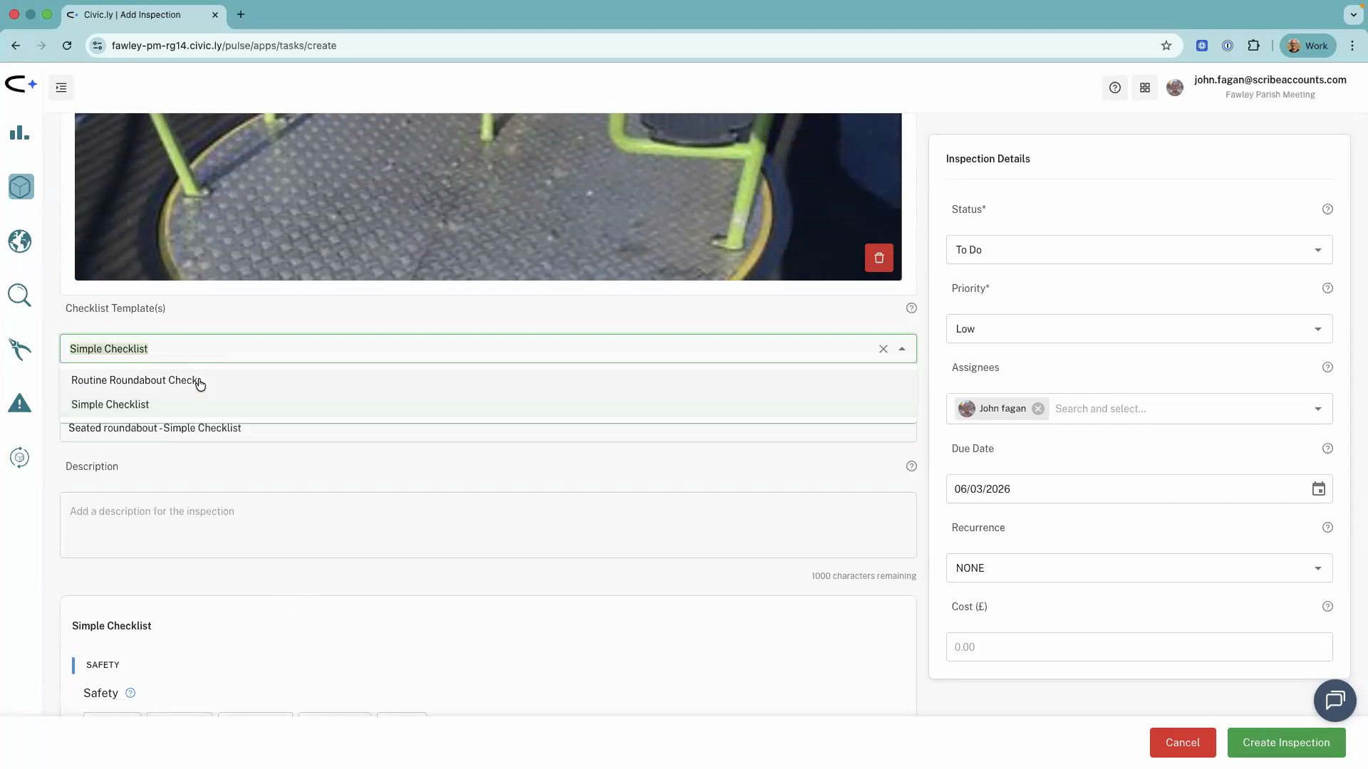 The checklist dropdown showing a Simple Checklist and an asset-specific Routine Roundabout checklist
