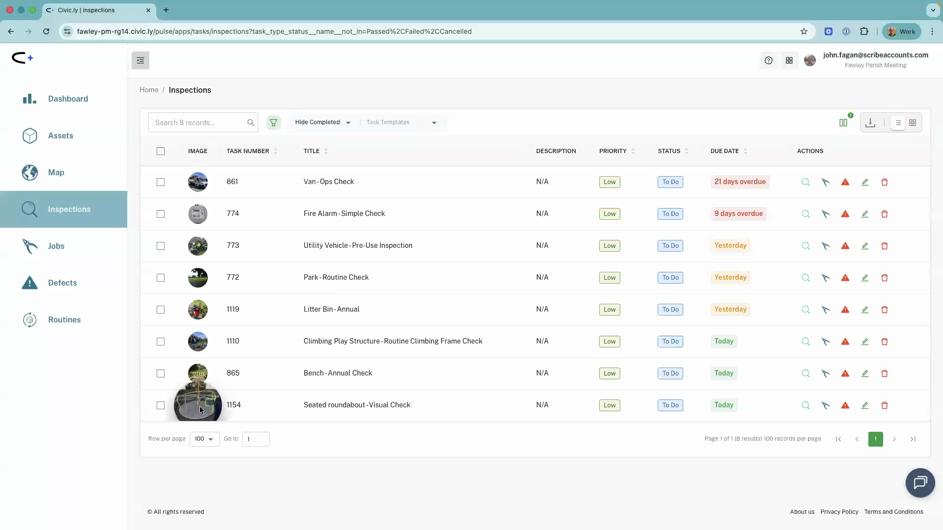The Inspections list in the web app showing the newly created inspection