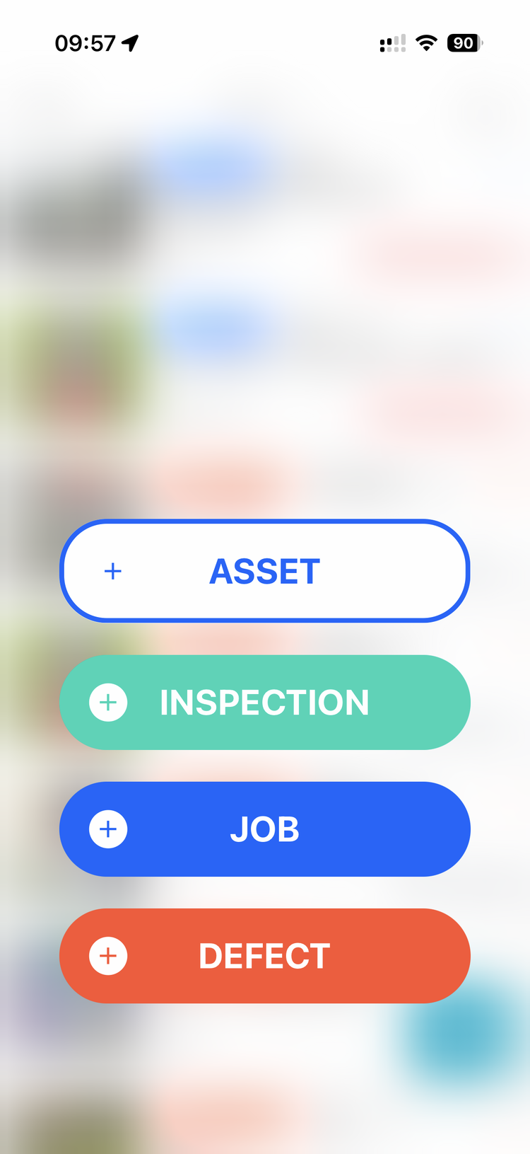 The mobile app showing the plus button menu with options for Asset, Inspection, Job, and Defect