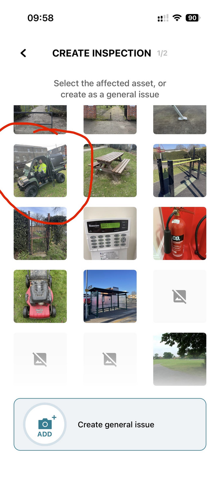 The Create Inspection screen showing a grid of nearby assets with the utility vehicle highlighted