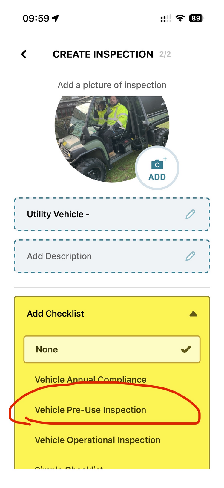 The checklist selection screen showing Vehicle Annual Compliance, Vehicle Pre-Use Inspection, and Vehicle Operational Inspection options