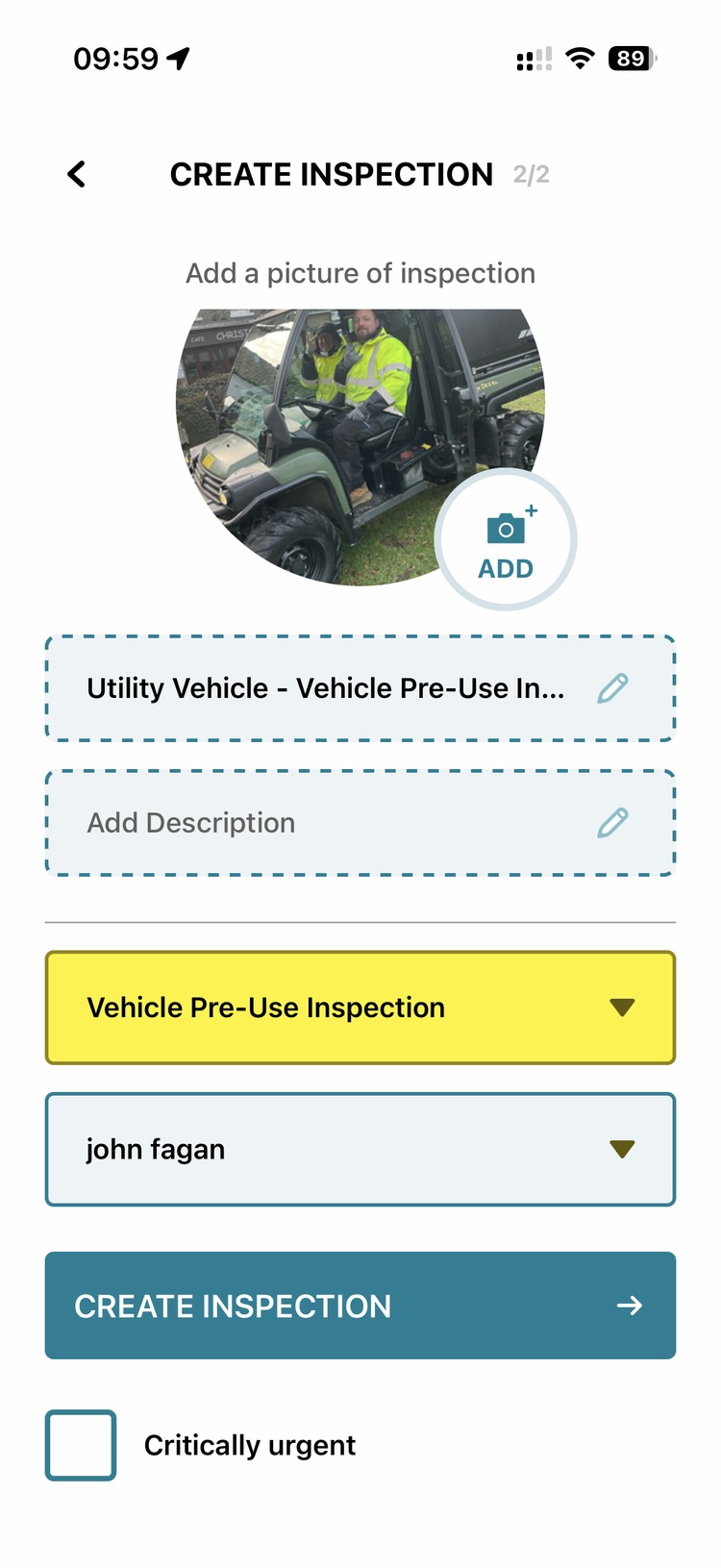The completed inspection form showing Vehicle Pre-Use Inspection selected, assigned to a user, with the Create Inspection button
