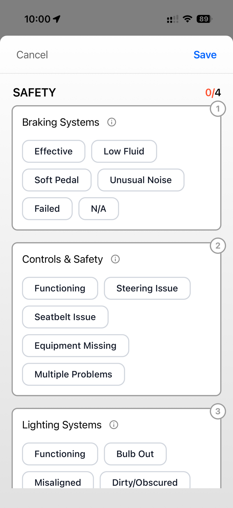 The vehicle pre-use checklist showing Safety section with Braking Systems, Controls and Safety, and Lighting Systems items