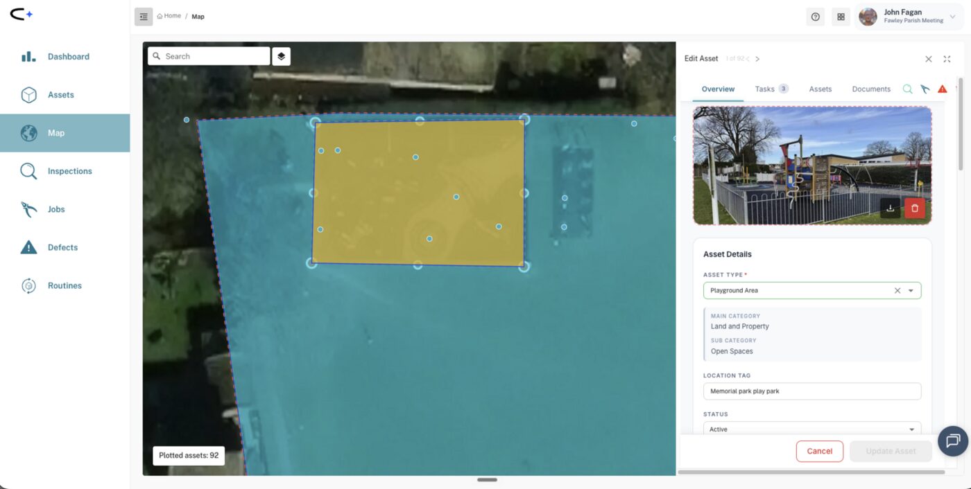 Map view with a playground area drawn inside a larger park area, play equipment pins inside, and the area's location tag in the edit panel