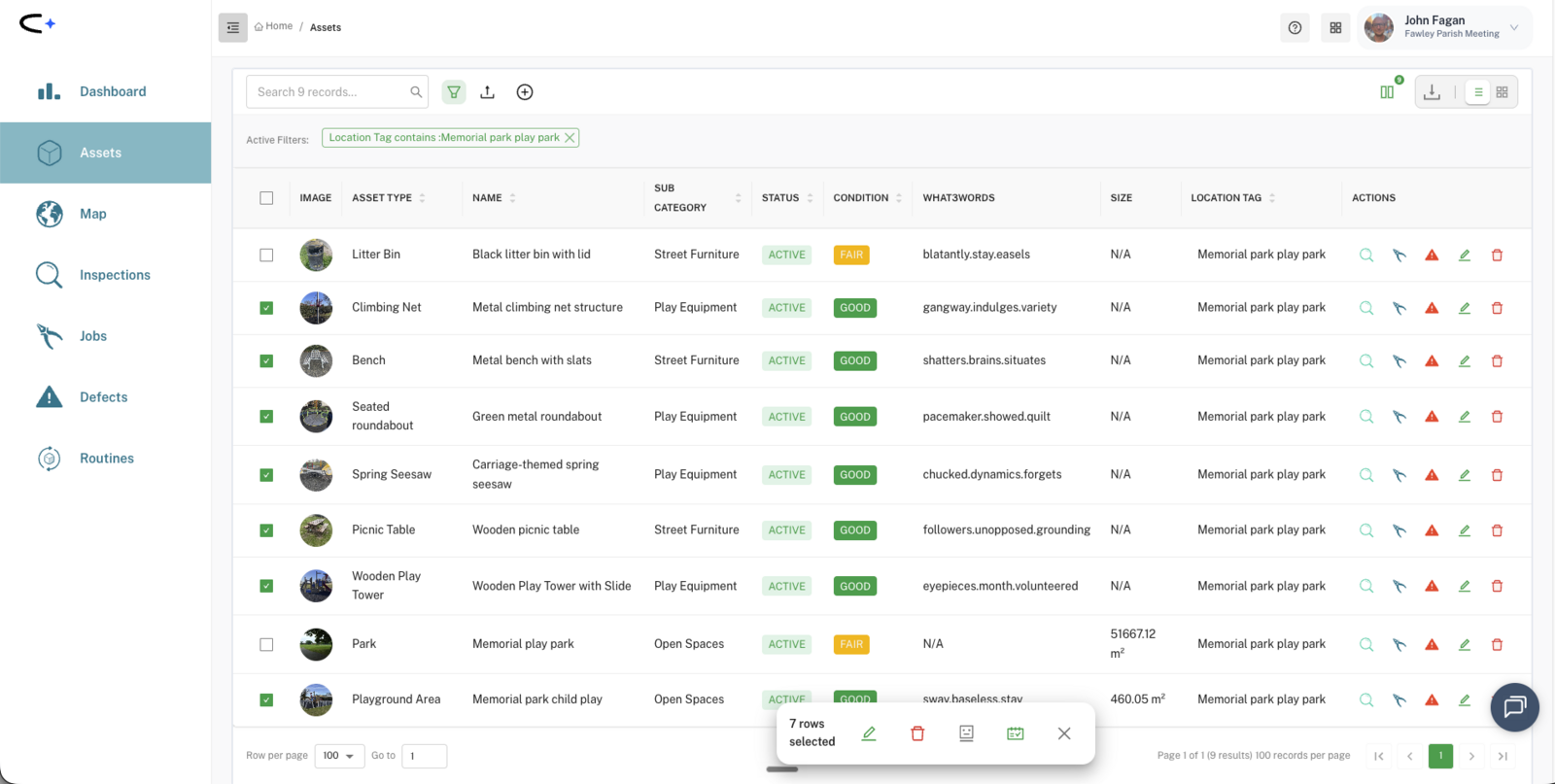 Asset list filtered by the park's location tag with seven play assets selected and the bulk action toolbar showing