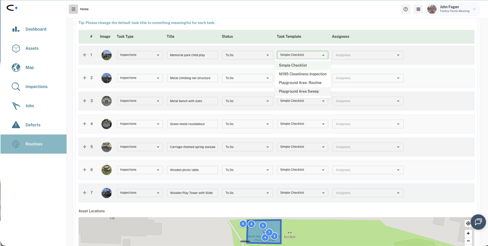 Routine creation showing one inspection row per selected asset, each with its own task template dropdown