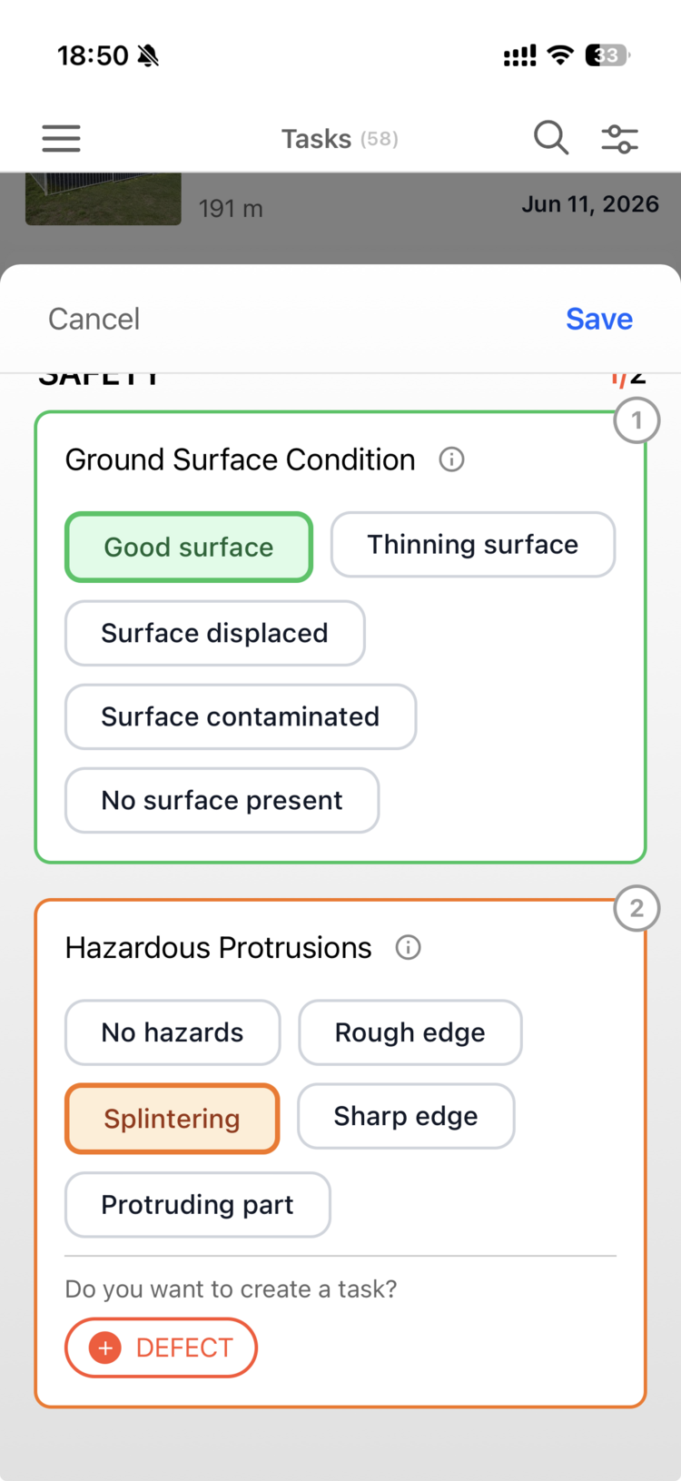 A swing check on the mobile app with Ground Surface Condition answered Good, Hazardous Protrusions answered Splintering, and a prompt to create a defect