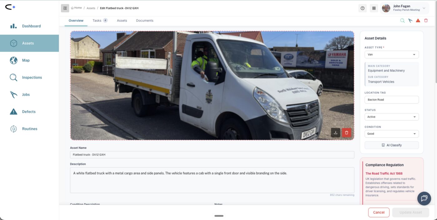 A flatbed truck asset record with the registration plate in the asset name and the linked Road Traffic Act compliance panel