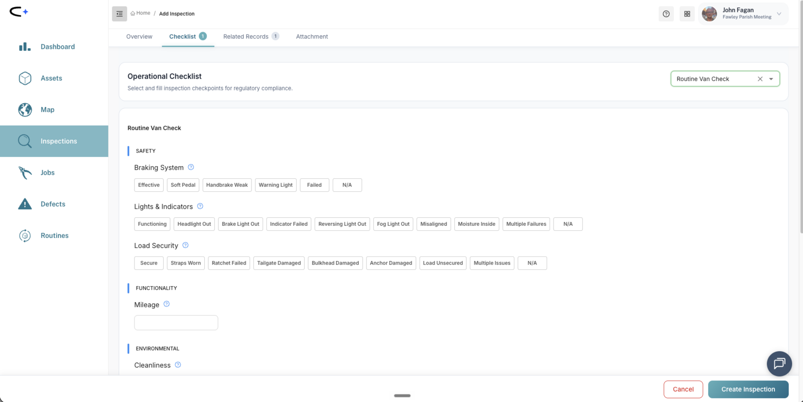 Add Inspection screen with Routine Van Check selected, showing grouped questions whose answer options name specific faults