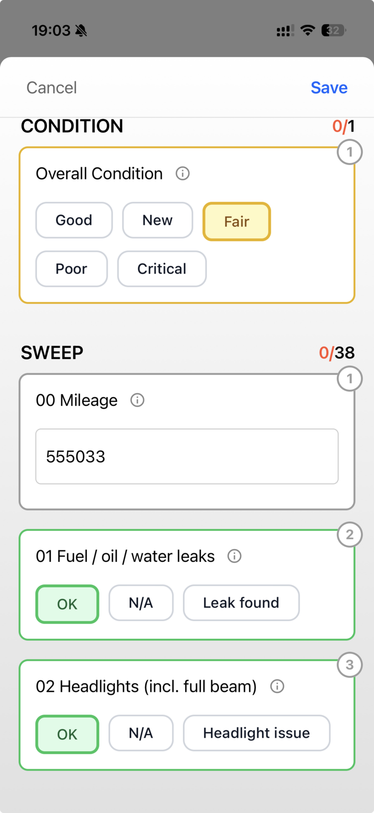 The Van Sweep on the mobile app with the mileage recorded and per-item OK / N/A / fault chips