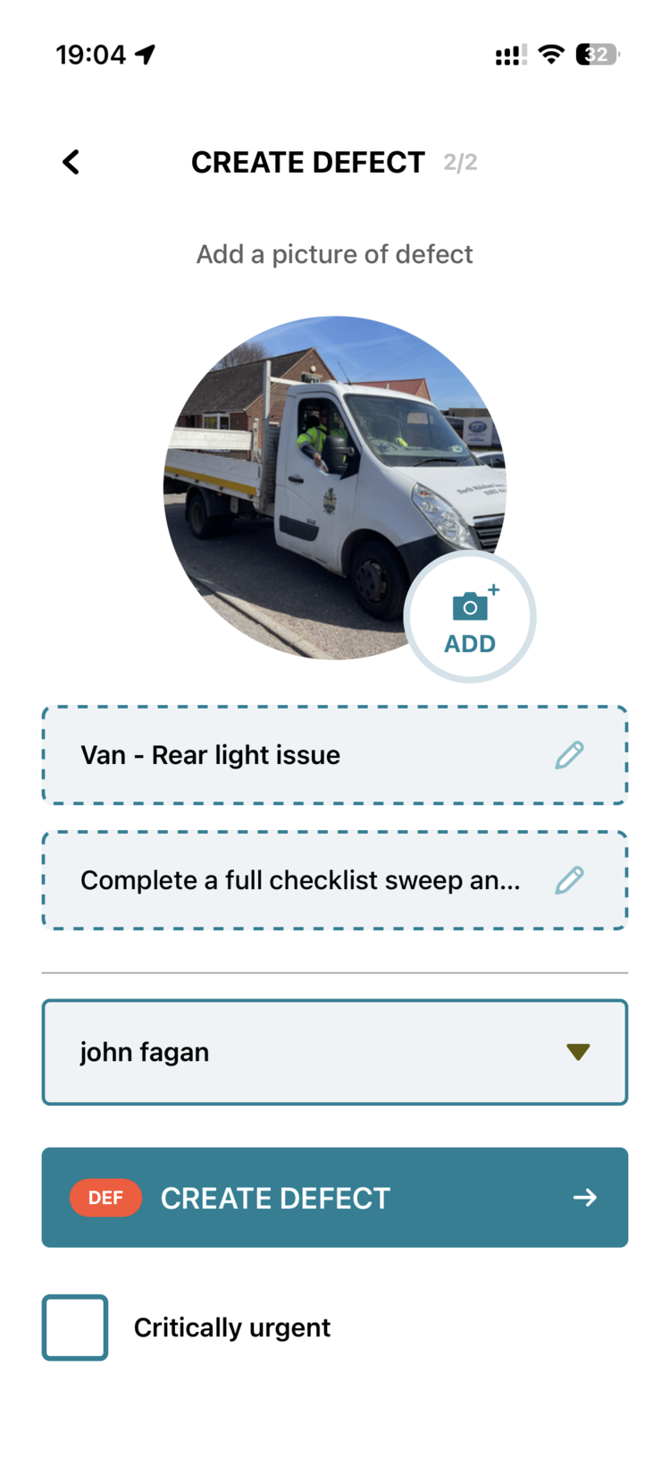 The mobile create-defect screen pre-titled 'Van - Rear light issue' after a failed check item, with photo, assignee and urgency options