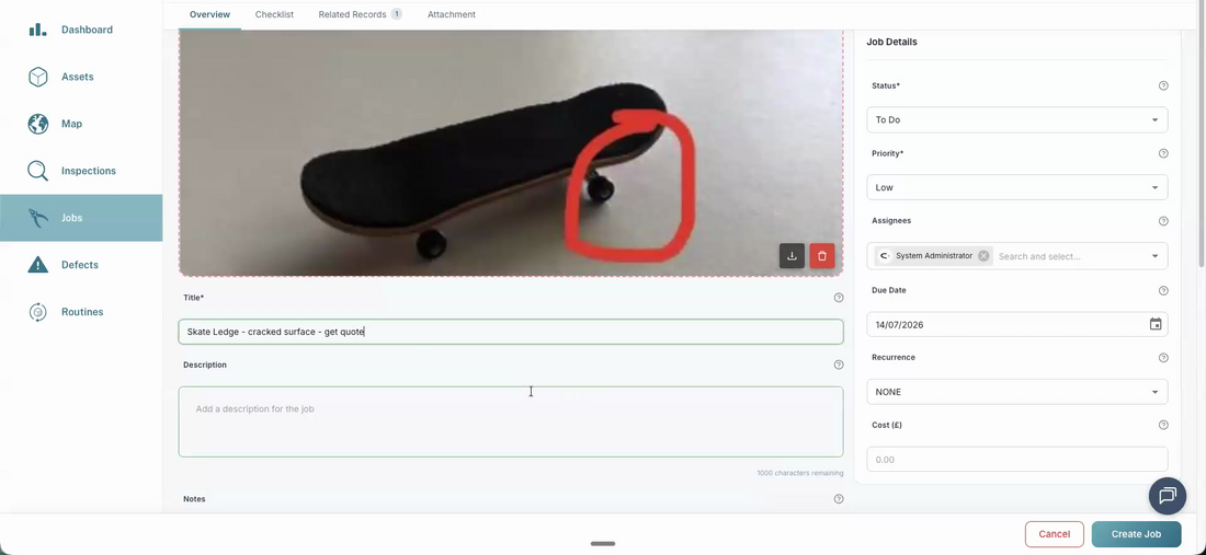 The Add Job screen on the web app with the Job Details panel