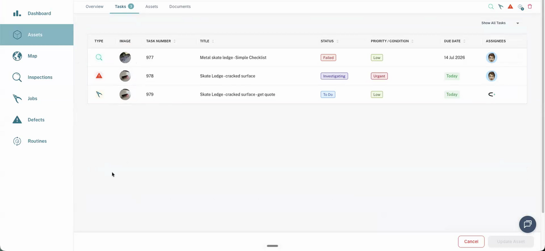 An asset's Tasks tab showing a failed inspection, a defect and a job