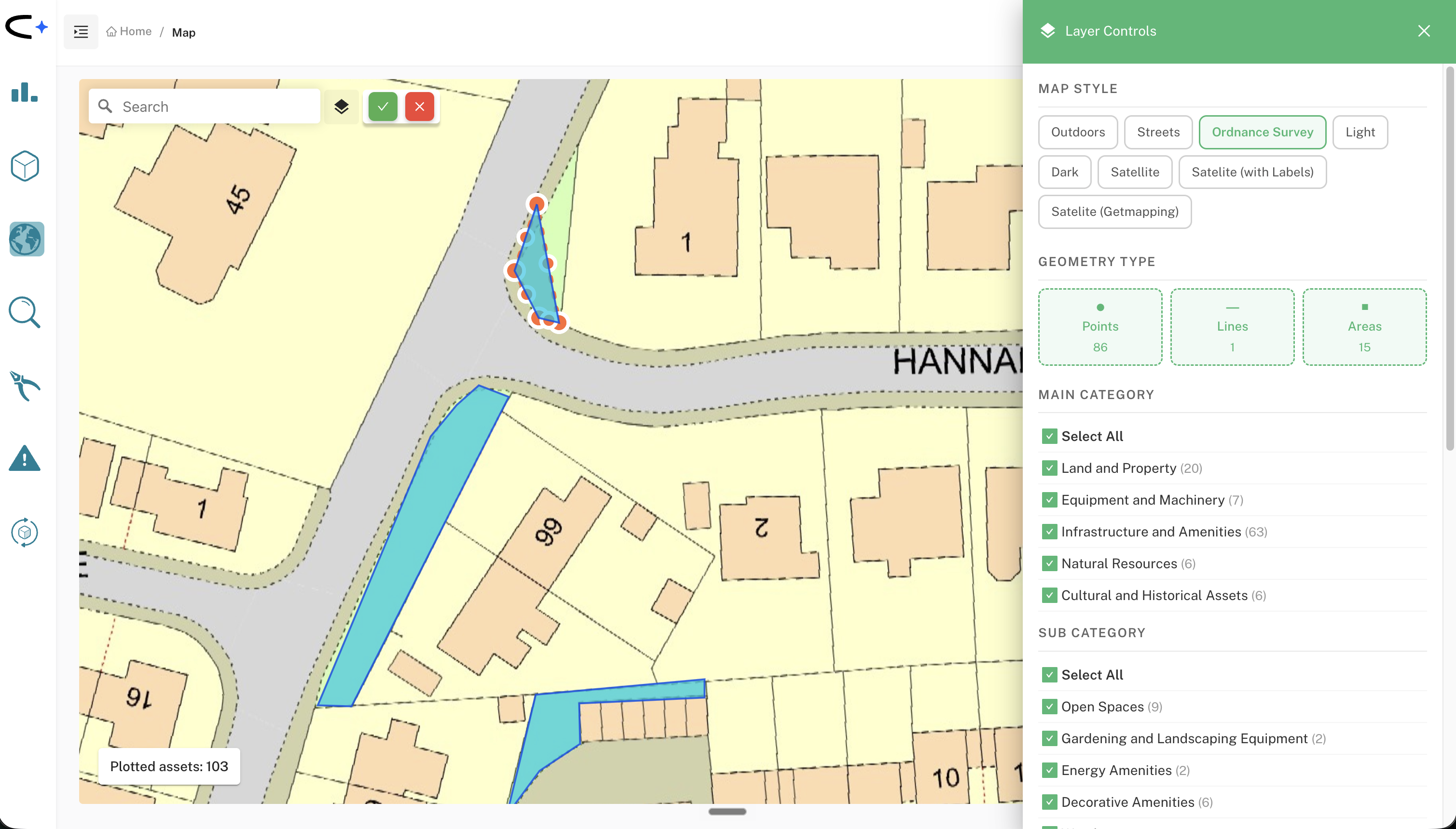 Web map with several grass verges drawn as areas along a street, using an Ordnance Survey base layer so the smaller verges are visible