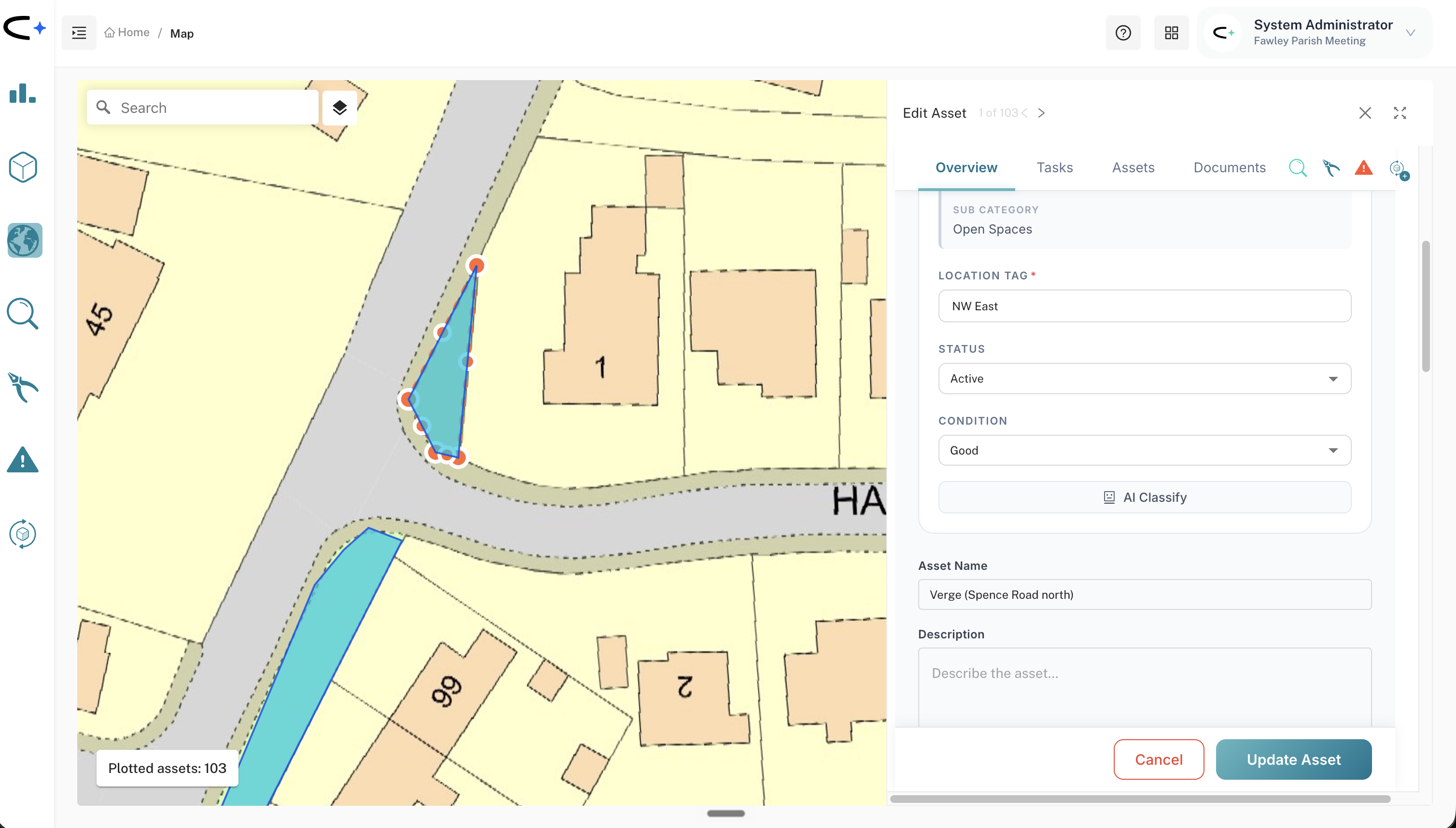 A grass verge asset record named after its street, with the asset type set to Grass Verge, a location tag for the estate, and the map photo replaced with a screenshot of the verge
