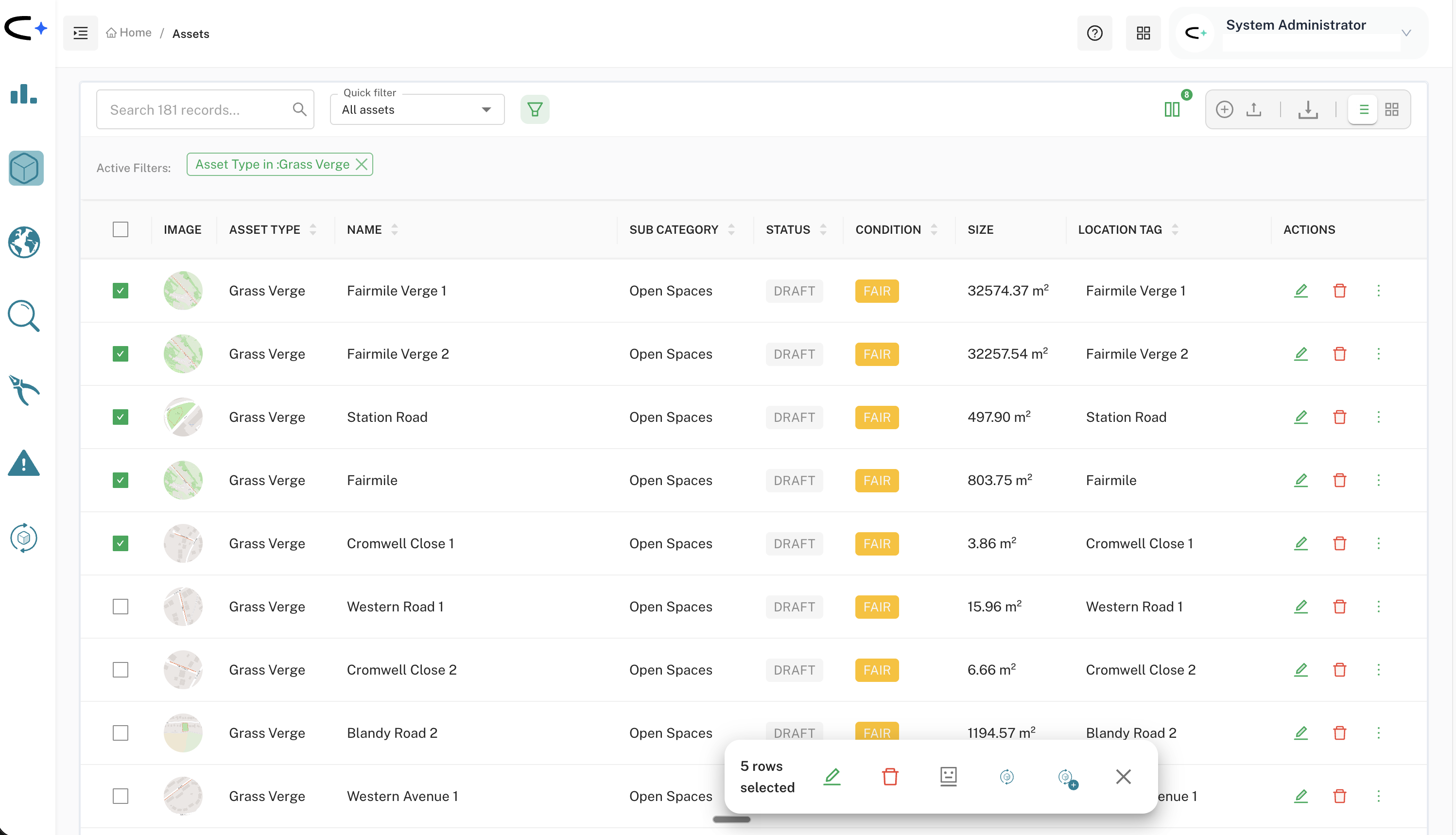 The asset list filtered to Grass Verge with several verges selected and the Create Routine button showing in the bulk action bar