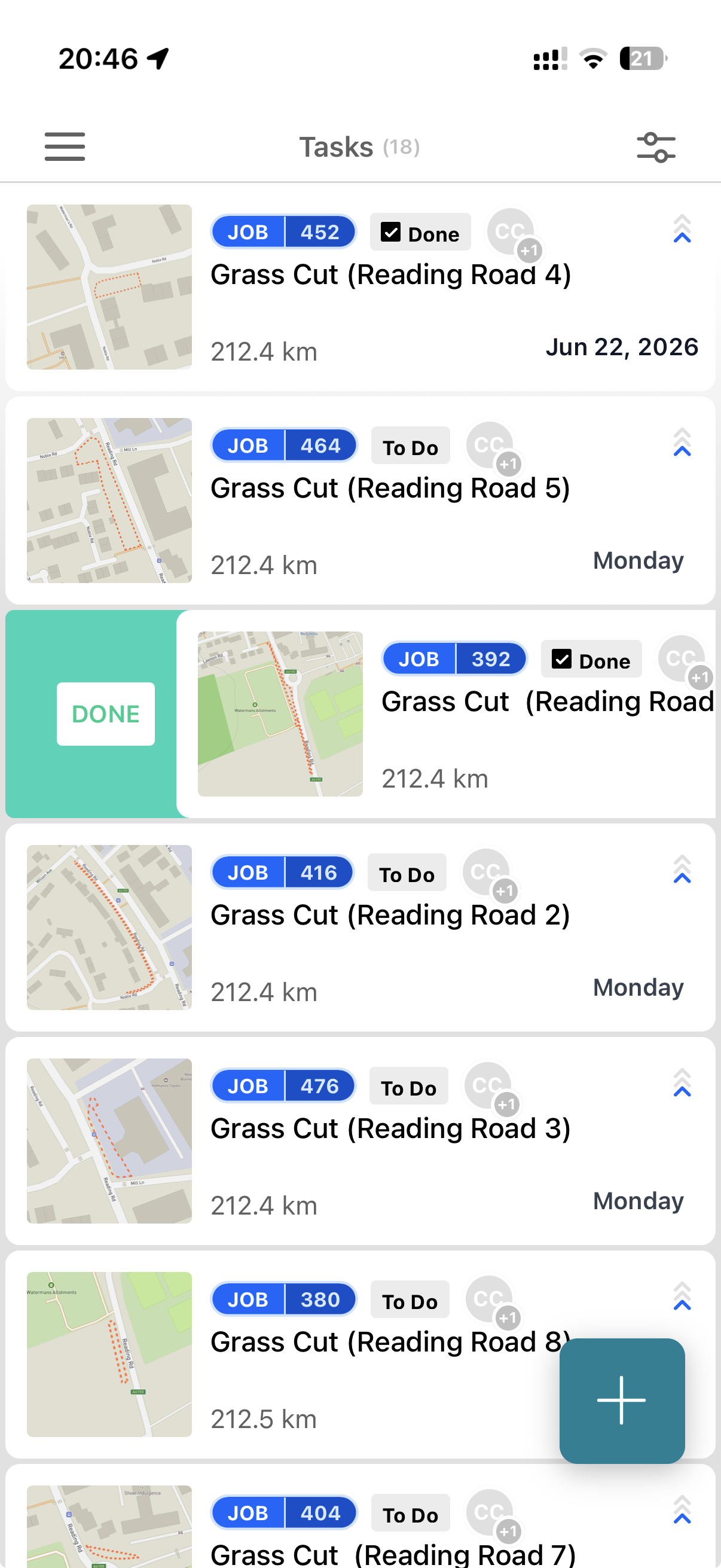 Mobile app showing the list of grass-cutting jobs, one per verge, each with its map-photo thumbnail, ready to tick off as cut