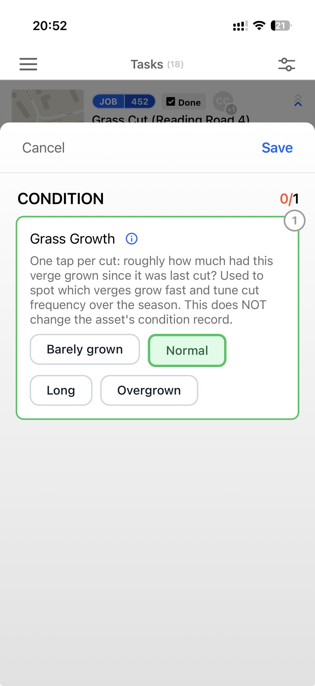 Mobile app showing the optional one-tap grass-height check with the options Barely grown, Normal, Long and Overgrown