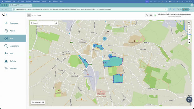 The Civic.ly map page with assets plotted as coloured polygons and pins, the search bar at the top, and zoom and drawing tools stacked on the right-hand side