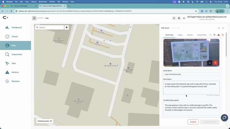 The side drawer open on the right of the map showing the Edit Asset panel with Overview, Tasks, Assets, and Documents tabs, a photo of a community information sign, and editable name, description, and condition fields