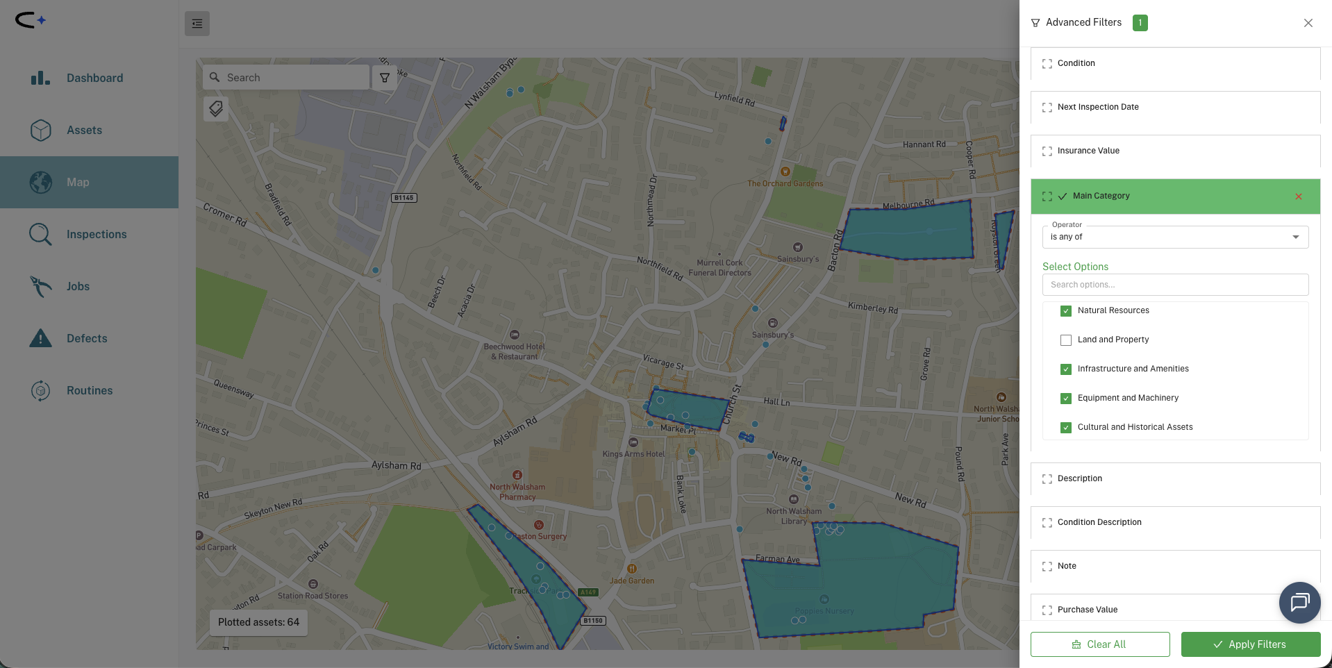 The advanced filter panel open on the map, allowing you to filter which assets are displayed