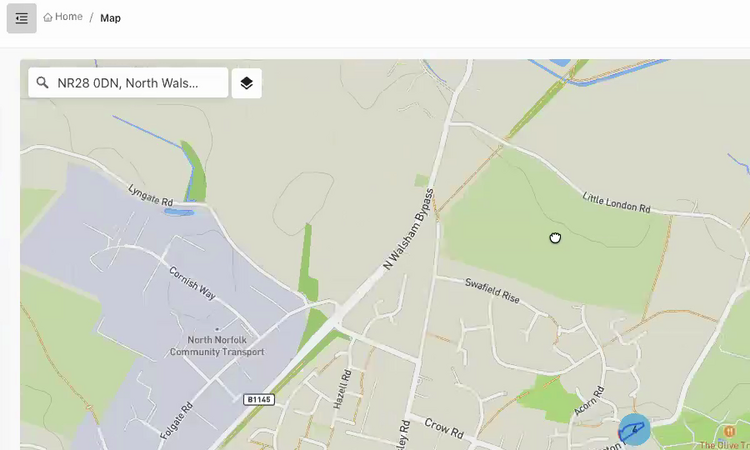 The map search bar with a postcode entered, showing the map centred on the searched location