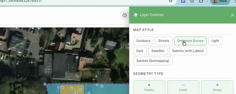 Close-up of the Map Style section of the Layer Controls panel showing basemap buttons — Outdoors, Streets, Ordnance Survey (selected), Light, Dark, Satellite, Satellite (with Labels), and Satellite (Getmapping)