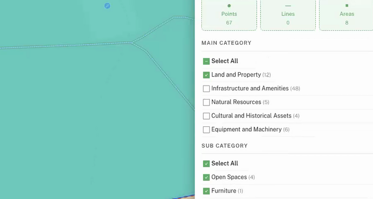 Close-up of the Main Category and Sub Category sections of the Layer Controls panel showing the six main categories with their asset counts (Land and Property 12, Infrastructure and Amenities 48, Natural Resources 5, Cultural and Historical Assets 4, Equipment and Machinery 6) and the start of the sub-category list
