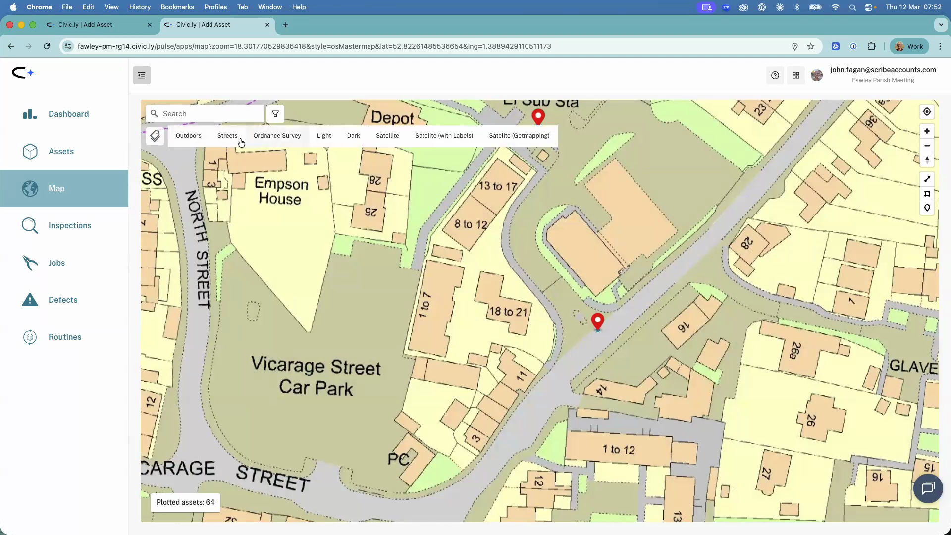 The map displaying Ordnance Survey Master Map data with detailed building outlines and plot boundaries