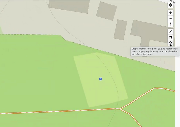 A tooltip on the right-hand side of the map showing a drawing tool icon with help text about drawing a point, line, or area
