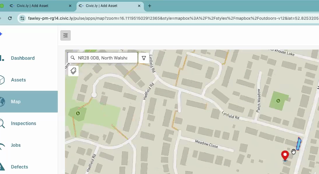 The map search bar with a postcode entered, showing the map centred on the searched location