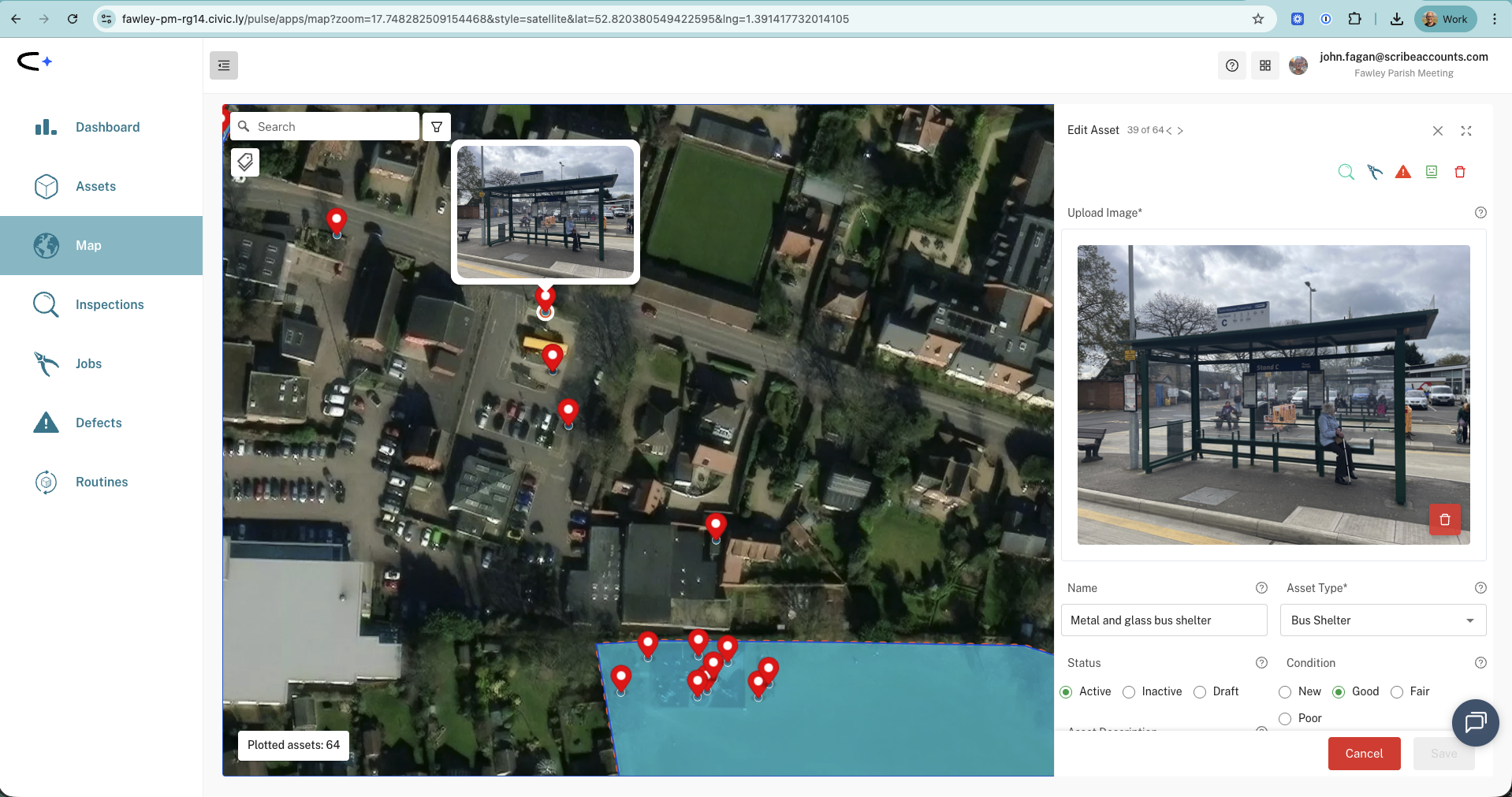 Hovering over a marker shows the asset photo, while the side drawer on the right displays the full asset record