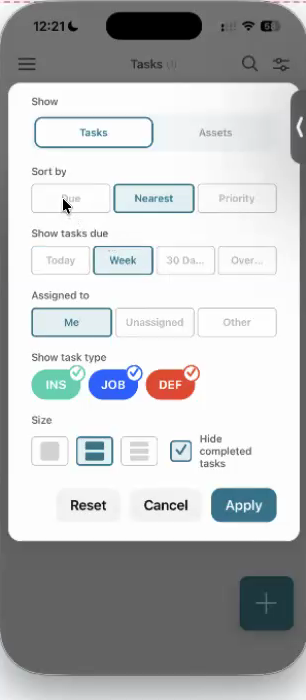 The mobile app filter panel with sort, due window, assignee and task-type options
