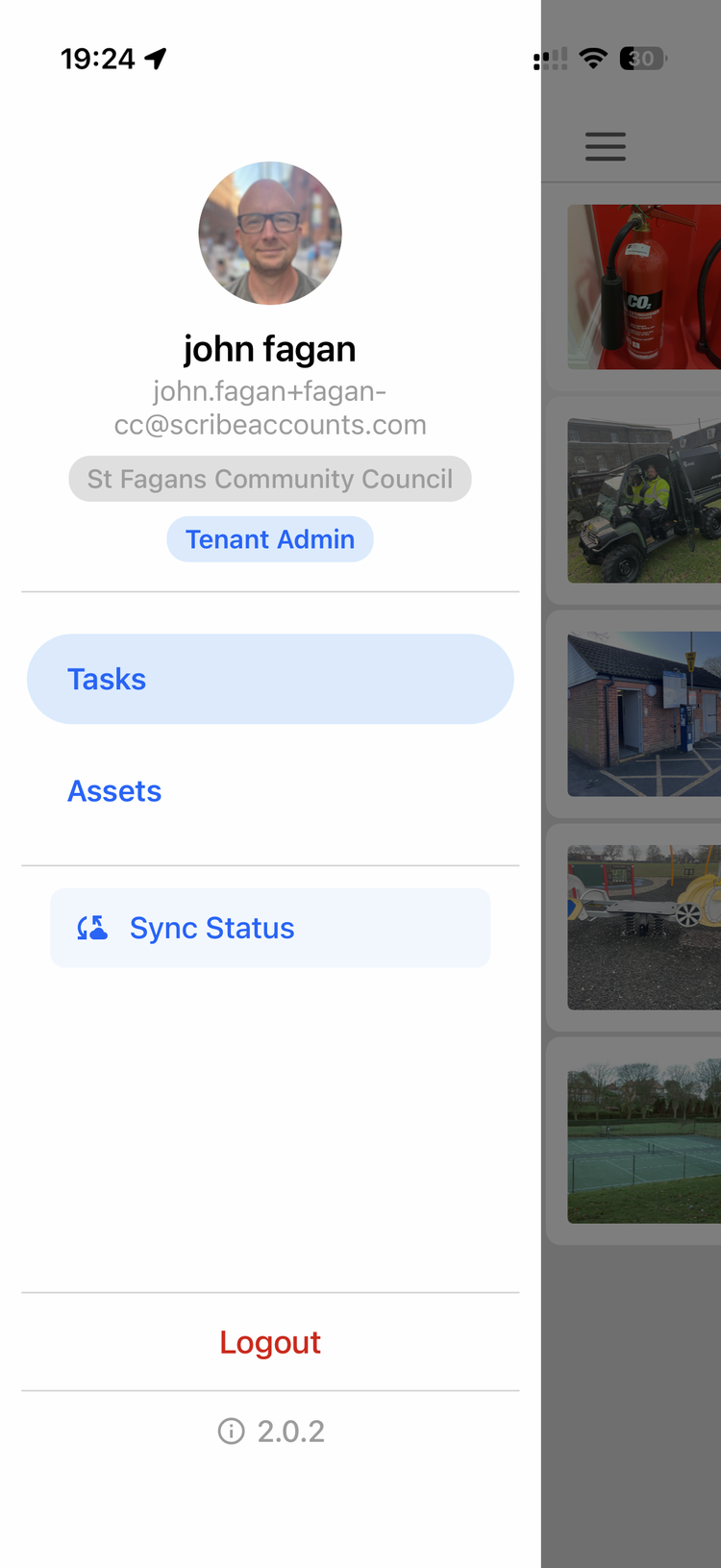 The mobile app menu with the Sync Status entry below Tasks and Assets
