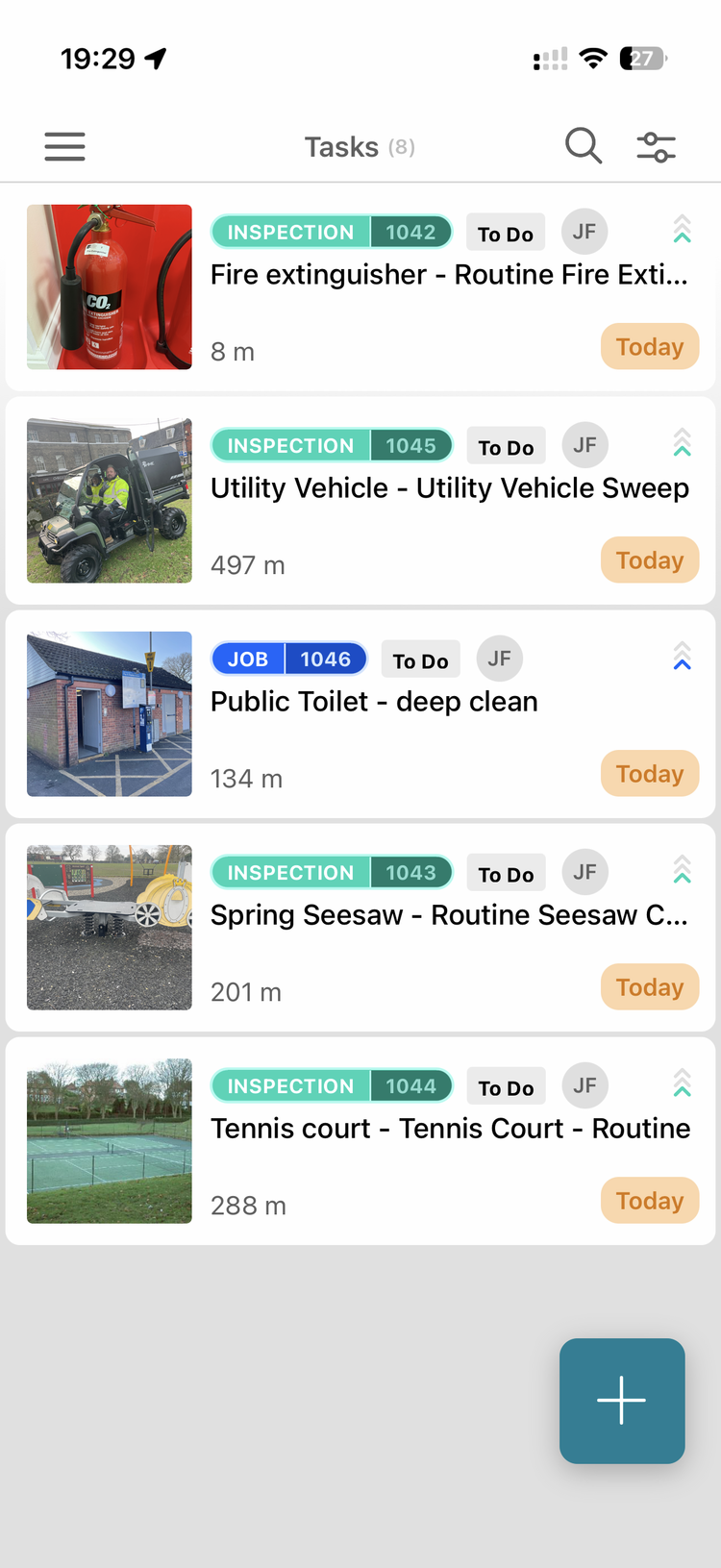 The mobile task list showing the day's inspections and jobs with type badges, To Do status and Today due chips