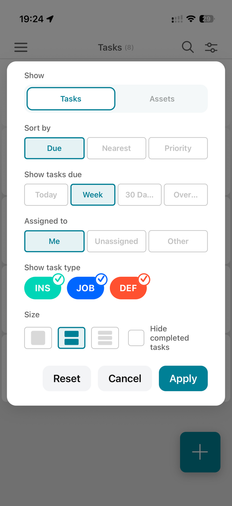 The task filter panel: sort by due, nearest or priority; due window Today, Week, 30 days or Overdue; assigned to Me, Unassigned or Other; task type toggles and hide completed