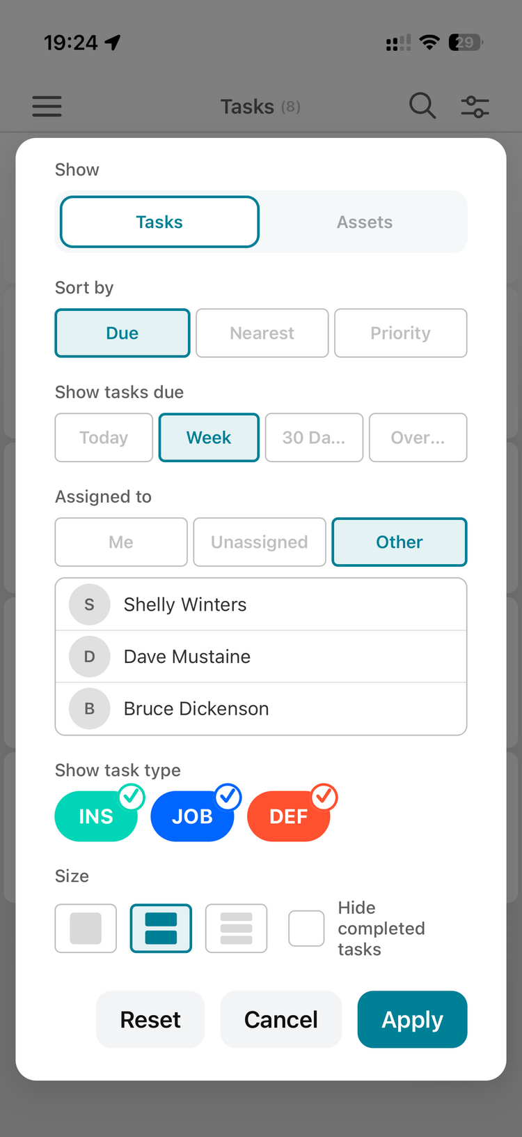 The filter panel with Assigned to Other selected, showing a list of team members to choose from