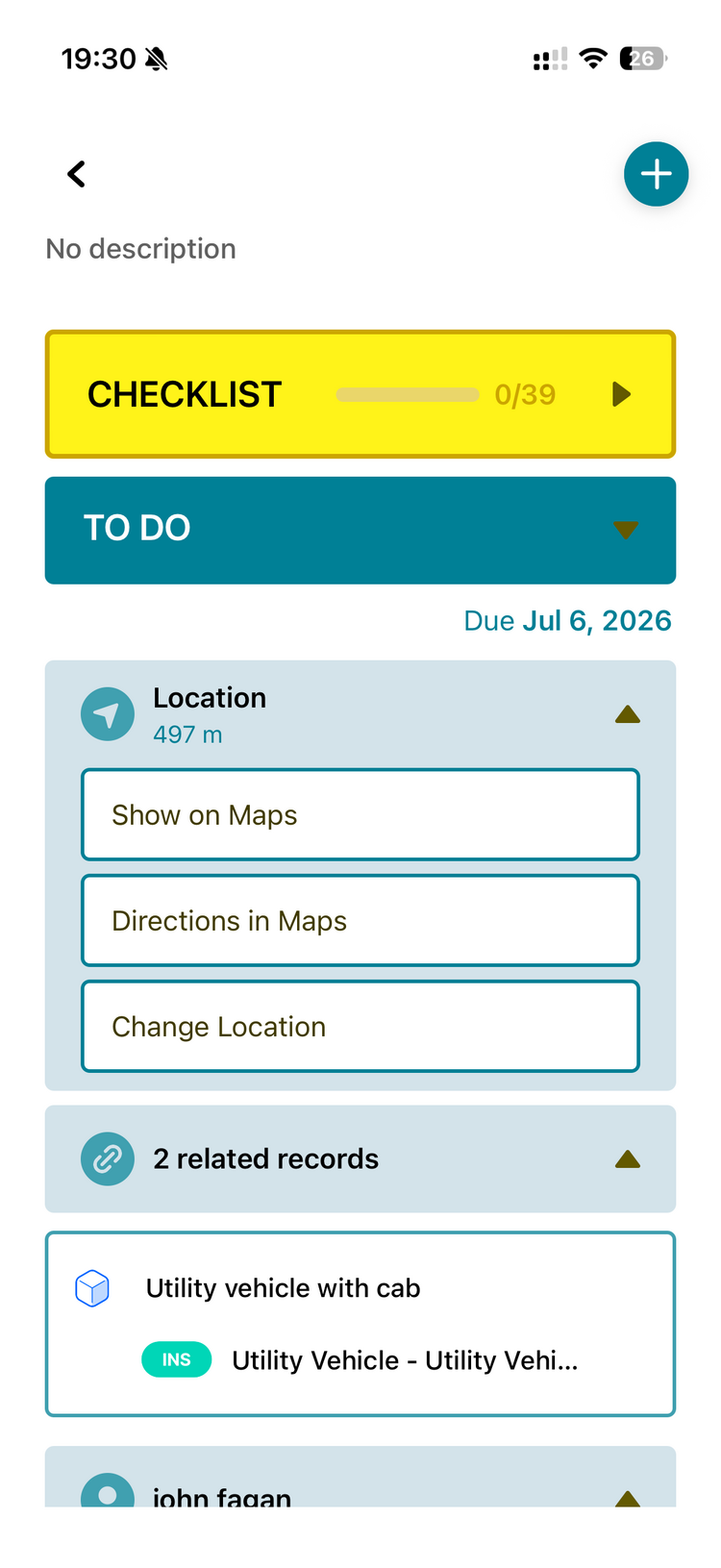 A task's location section with Show on Maps, Directions in Maps and Change Location buttons