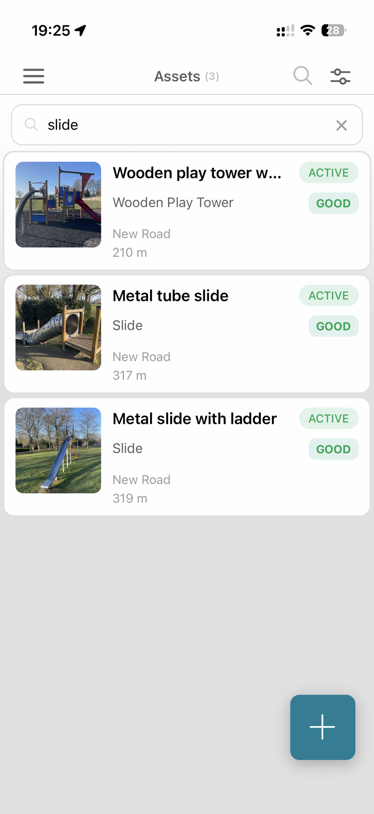 The asset list filtered by typing 'slide' into the search bar, showing three matching assets