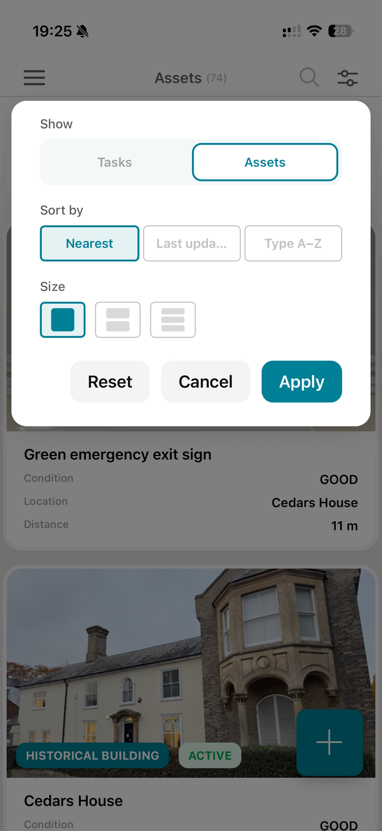 The asset filter panel showing sort options: Nearest, Last updated, Type A to Z